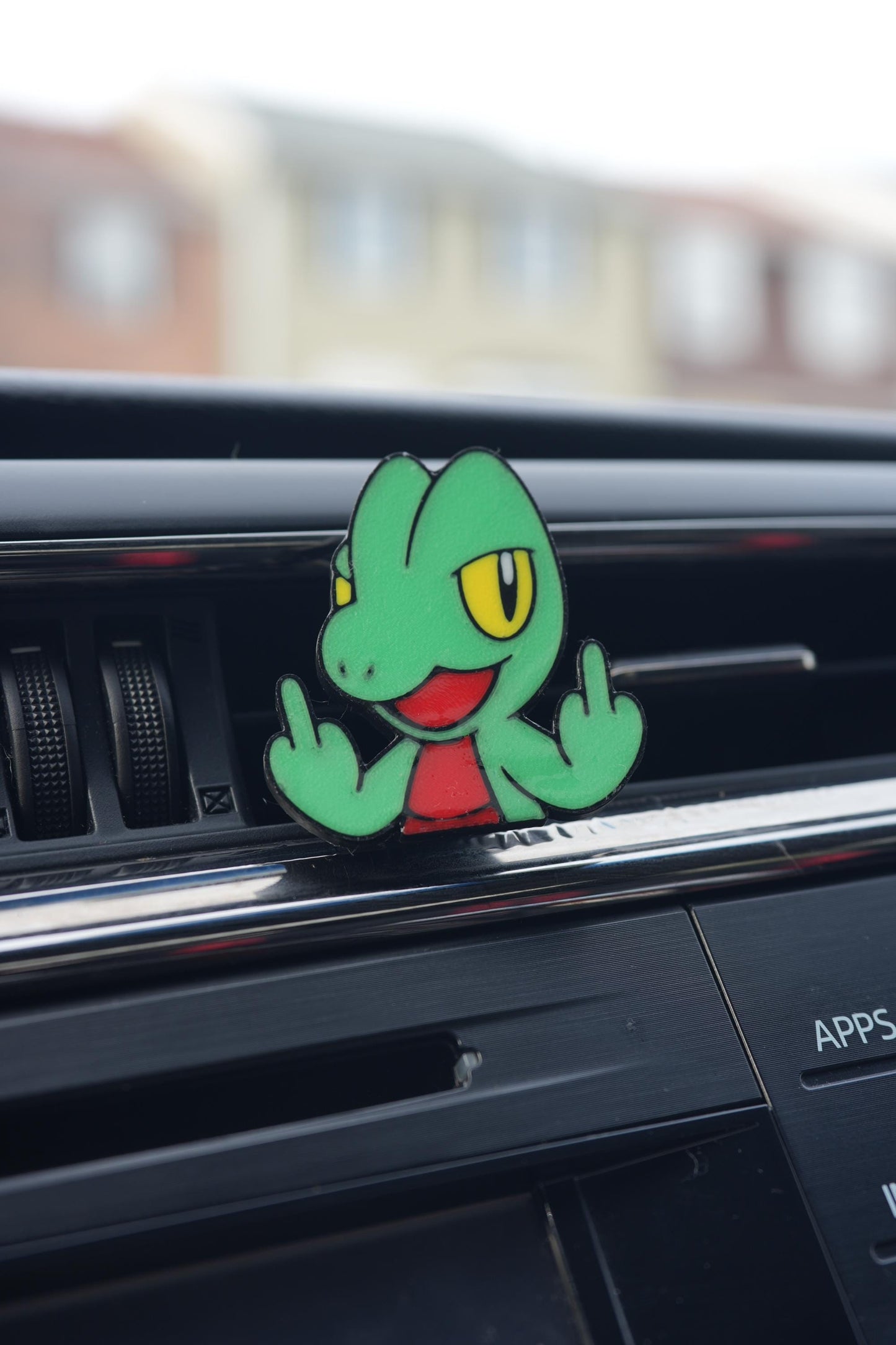 Treecko Pocket Monster “Fingers Up” Car Vent Clip – Cute Anime Dashboard Accessory – Air Vent Charm for Cars, Trucks & SUVs – Gift for Fans