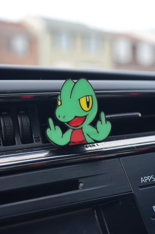 Treecko Pocket Monster “Fingers Up” Car Vent Clip – Cute Anime Dashboard Accessory – Air Vent Charm for Cars, Trucks & SUVs – Gift for Fans